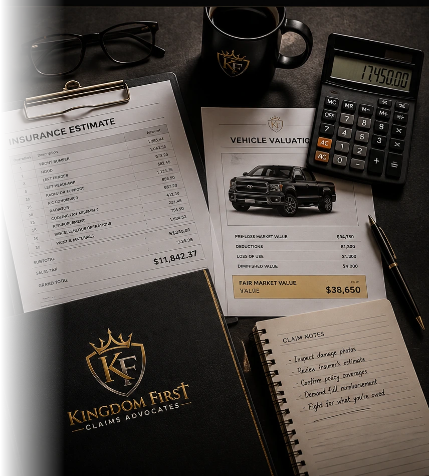Insurance estimate, independent vehicle valuation report, and claim notes on a desk — Kingdom First Claims Advocates